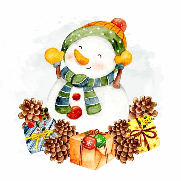 Watercolor snowman with Christmas ornaments