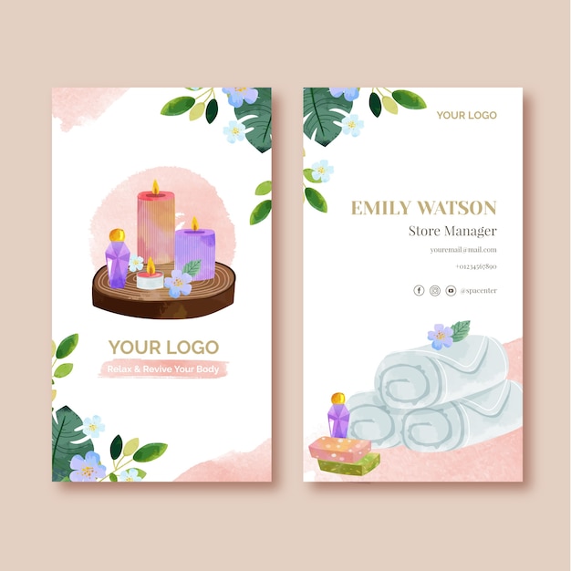 Vector watercolor spa treatment vertical business card