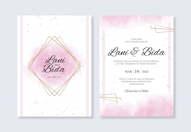 Watercolor splash and geometric gold for a wedding invitation template