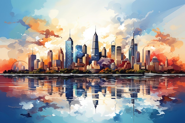 Watercolor splash with hand drawn sketch of New York City skyline in vector illustration