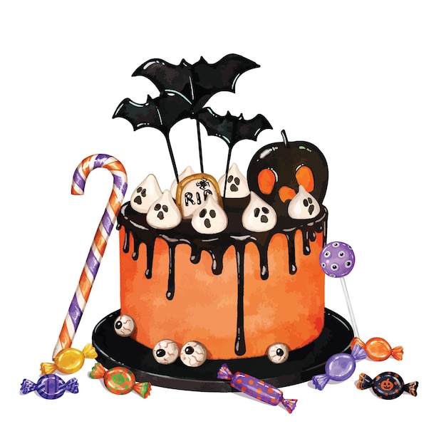 Vector watercolor spooky halloween celebration cake with bats and ghosts and candies illustration