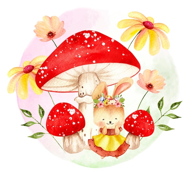 Watercolor spring bunny with mushroom and flowers