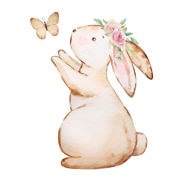 Watercolor spring easter illustration bunny with a bouquet of flowers