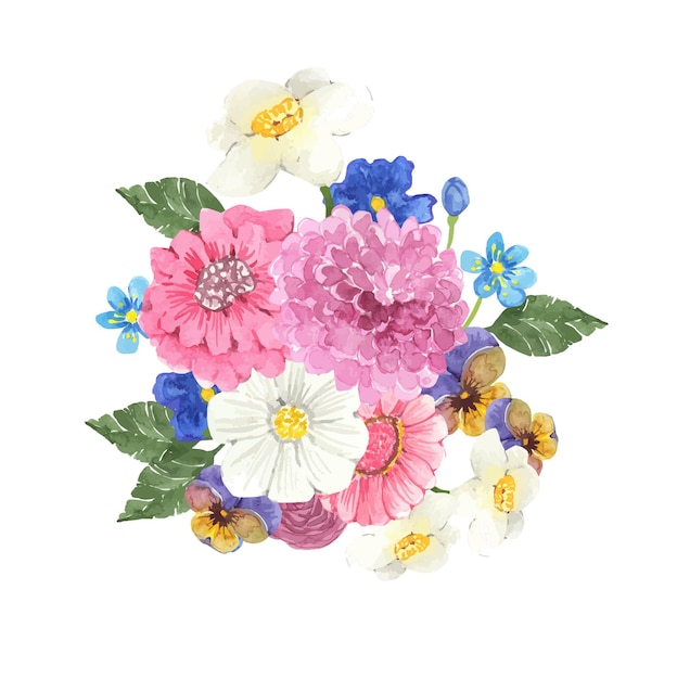 Watercolor spring flower bouquet with colorful flowers