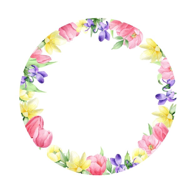 Watercolor  spring  flowers on the white background, round frame. Floral wreath