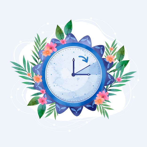 Watercolor spring forward floral illustration with clock