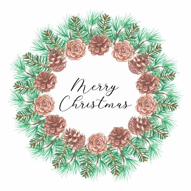 Watercolor spruce wreath with cones. Hand painted vector holiday frame with wild plants.