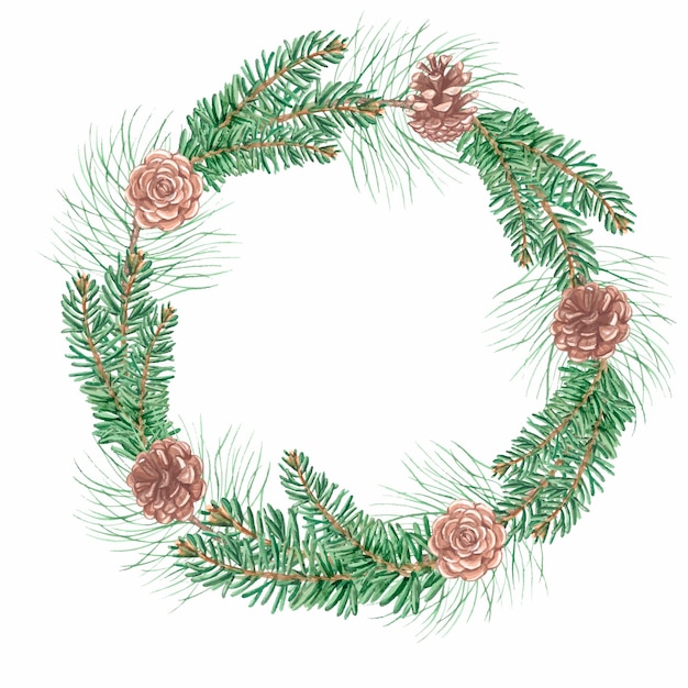 Watercolor spruce wreath with cones. Hand painted vector holiday frame with wild plants.