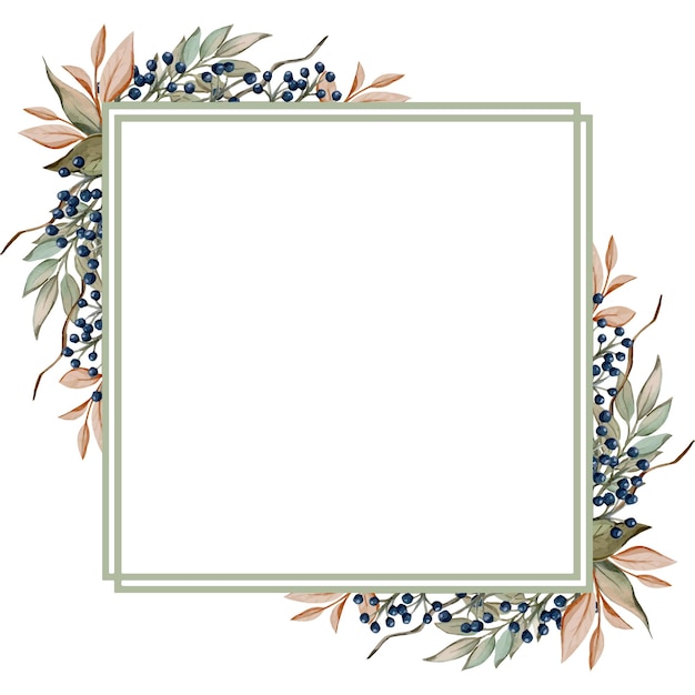 Watercolor square frame with cotton, eucalyptus and berries