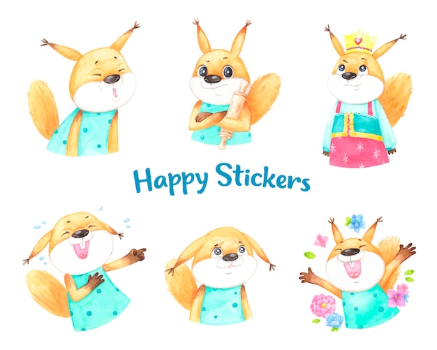 Watercolor squirrel stickers different emotions