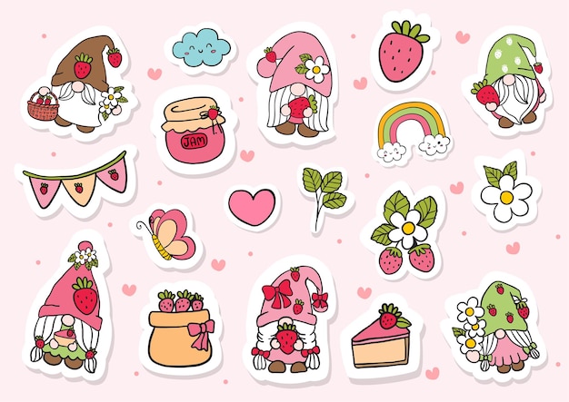 Vector watercolor strawberry gnomes stickers