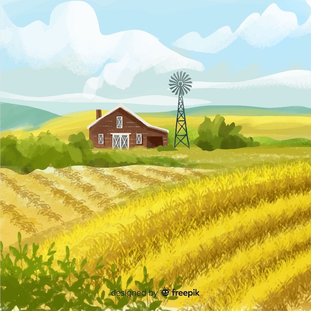 Watercolor style farm landscape background