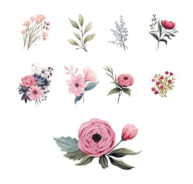 Watercolor style floral bouquet collection Beautiful flower collection