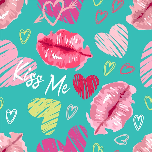 Watercolor style lips grunge texture heart Bright juicy pattern in collage style Pink elements on a contrasting green background For wallpaper printing on fabric wrapping background