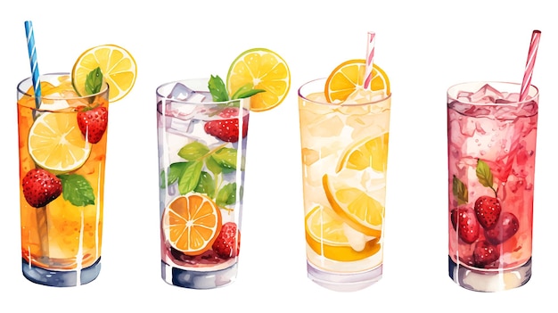 Watercolor summer drinks clipart set on white background