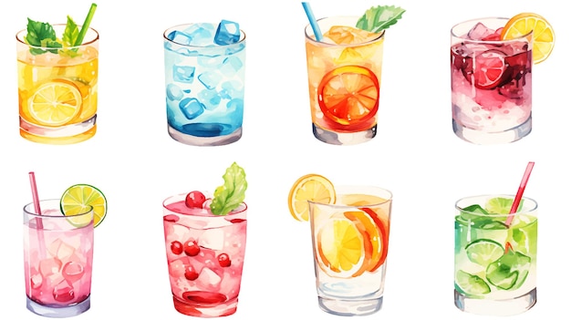 Watercolor summer drinks clipart set on white background