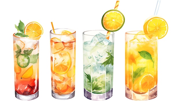 Watercolor summer drinks clipart set on white background