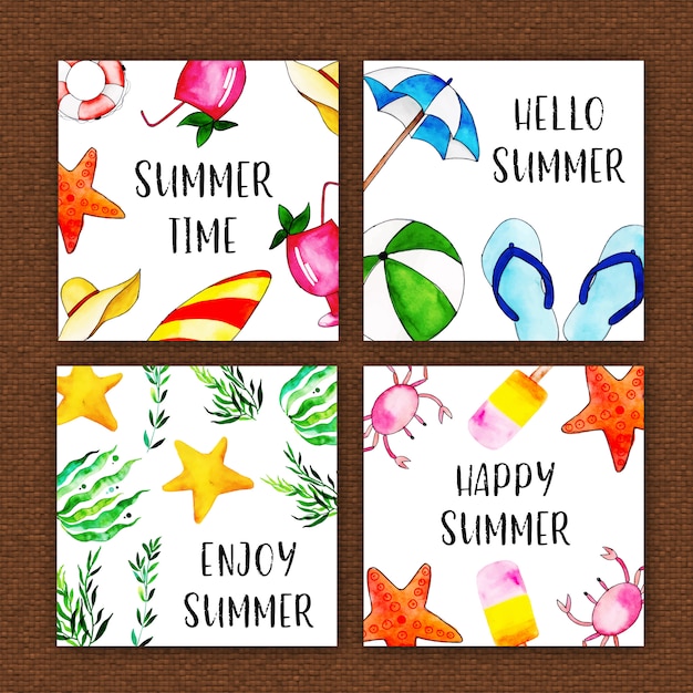 Vector watercolor summer elements cards collection