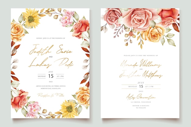 watercolor summer floral and leaves wedding invitation card set