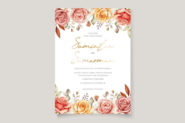 watercolor summer floral and leaves wedding invitation card