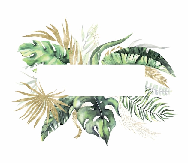 watercolor summer  frame with tropical dried palm leaves