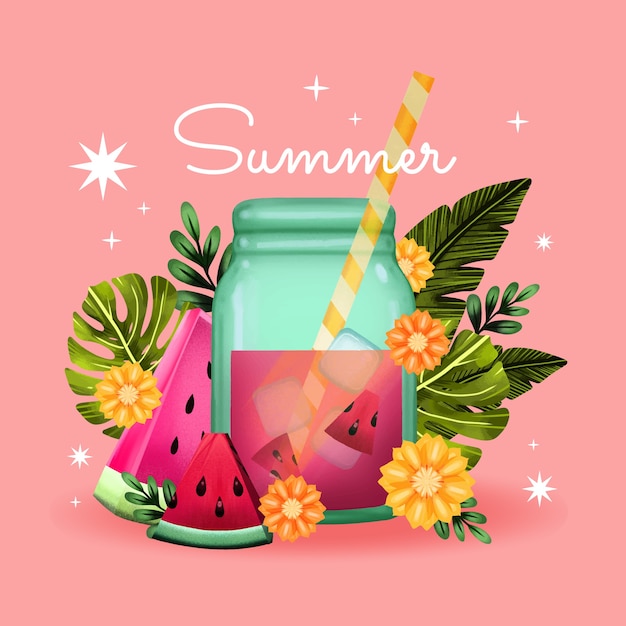 Watercolor summer illustration with cocktail