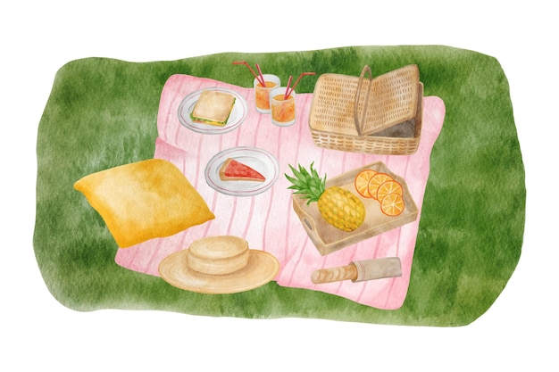 Watercolor summer picnic illustration Hand drawn summertime composition with picnic basket blanket