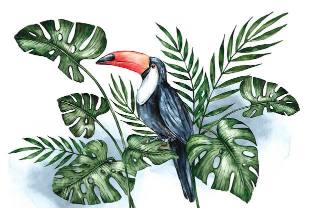 Watercolor summer tropical background with toucan