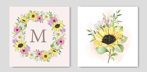 watercolor sun flower and daisy wedding invitation card set