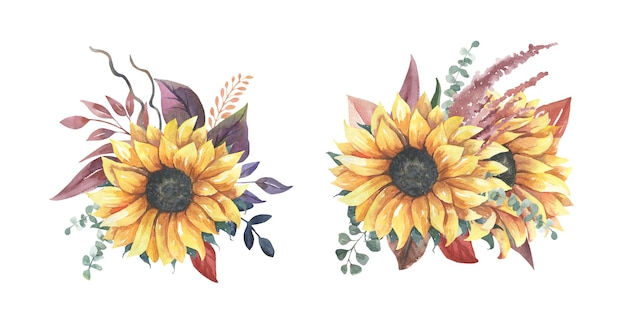 Watercolor sunflower bouquets.