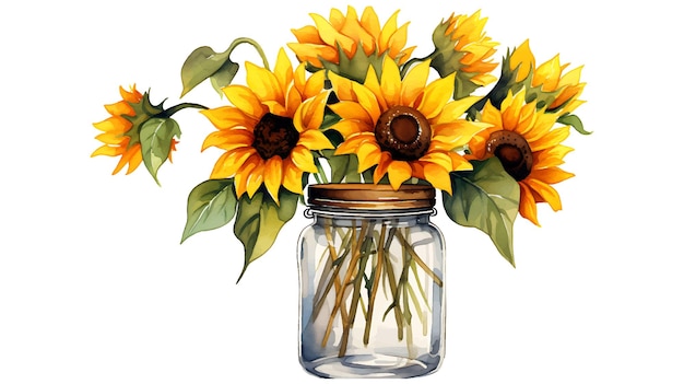 Watercolor sunflower flowers in a glass jar Beautiful painting flowers of sunflowers in a jar