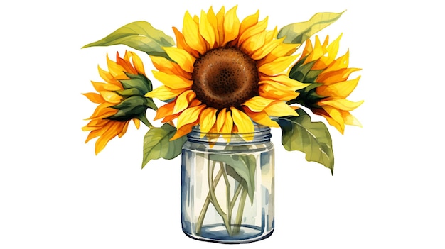 Watercolor sunflower flowers in a glass jar Beautiful painting flowers of sunflowers in a jar