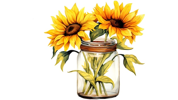 Watercolor sunflower flowers in a glass jar Beautiful painting flowers of sunflowers in a jar