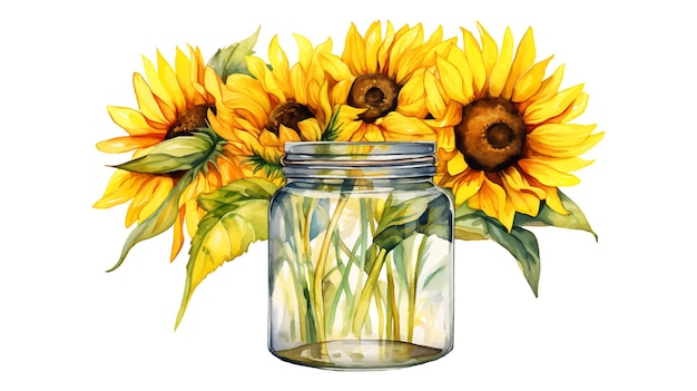 Watercolor sunflower flowers in a glass jar Beautiful painting flowers of sunflowers in a jar