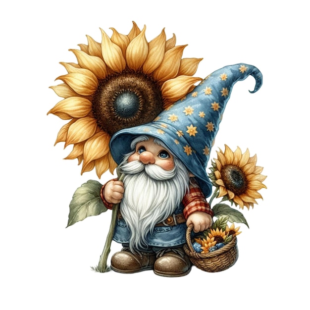 Watercolor Sunflower Gnome Clipart