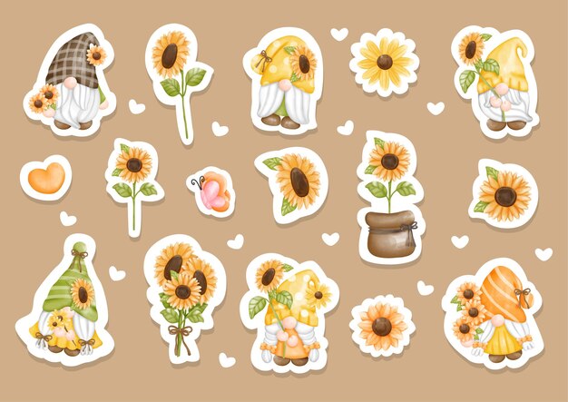 Vector watercolor sunflower gnome sticker set