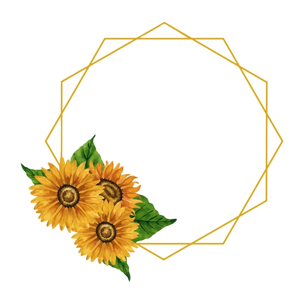 Vector watercolor sunflower polygon frame geometrical polyhedron frame with yellow flowers summer floral composition autumn flower arrangement hand drawn botanical illustration for postcard invitation