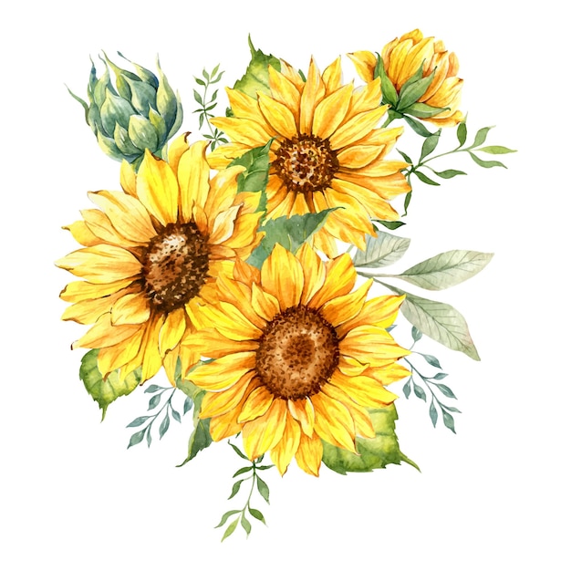 Watercolor sunflowers bouquet with greenery, hand painted sunflowers