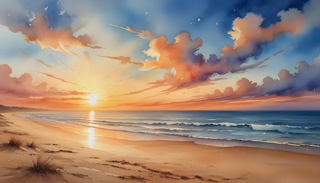 Vector watercolor sunset on a sandy beach