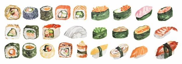 Watercolor sushi set Different kinds of sushi as rolls maki and more Rice and fish