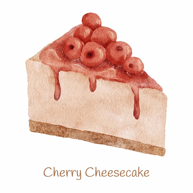 Watercolor sweet dessert cherry cheesecake illustration