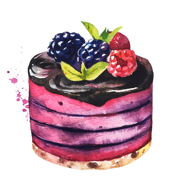 Watercolor sweet desserts. Watercolor cake.