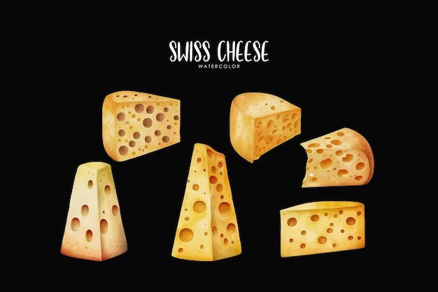 watercolor swiss cheese illustration set on isolated black background