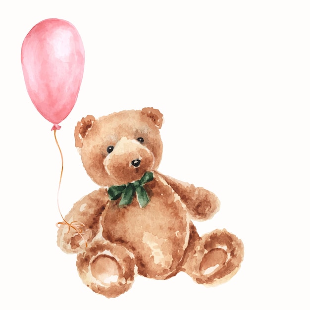 Watercolor Teddy Bear with pink Balloon