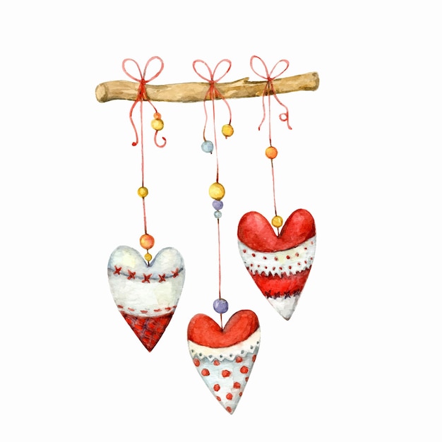 Watercolor textile hearts garland Cute valentine illustration isolated on the white background