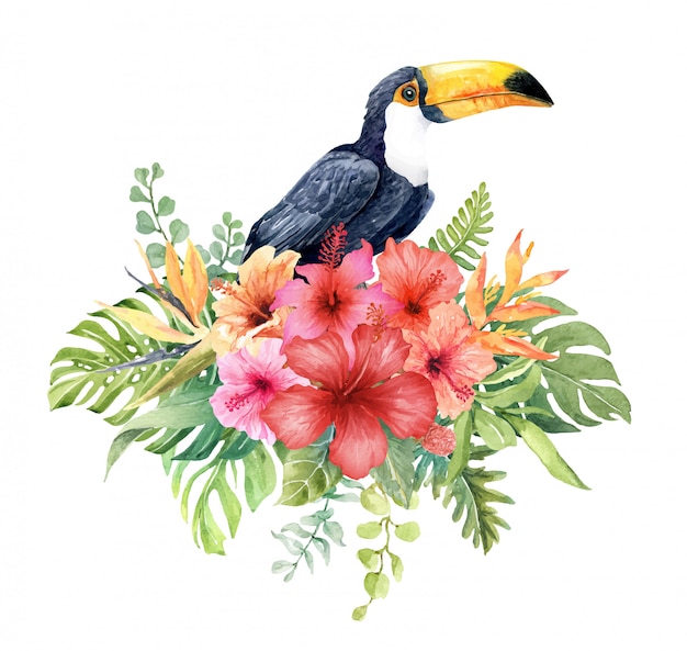 Watercolor Toucan in Hibiscus flower bouquet