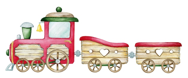 Watercolor train, in cartoon style. Christmas symbol