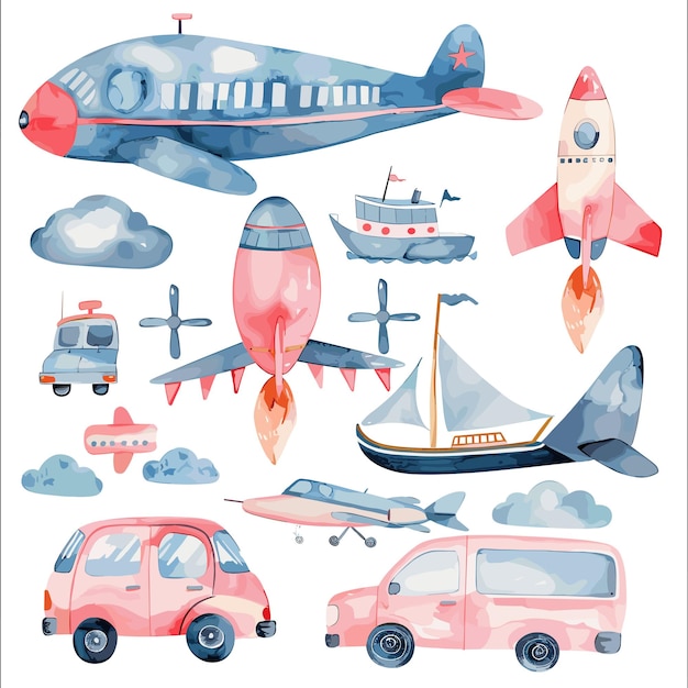 Vector watercolor transportation set planes rocket boat car