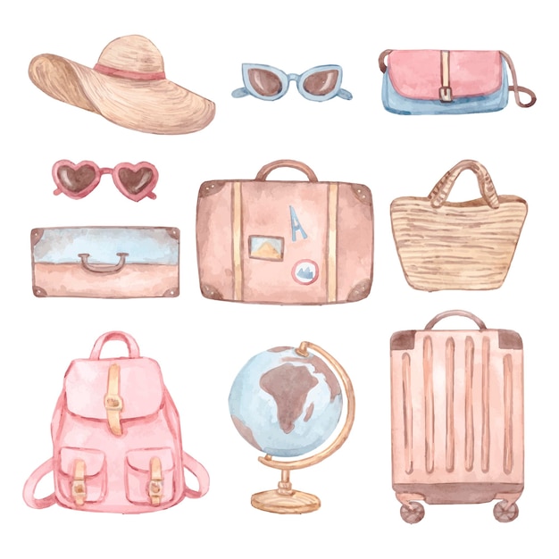 Watercolor travel set Pack Baggage and bags Vector illustration