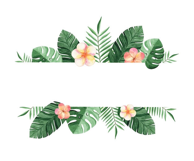 Watercolor tropical border with flowers and palm leaves isolated on white background